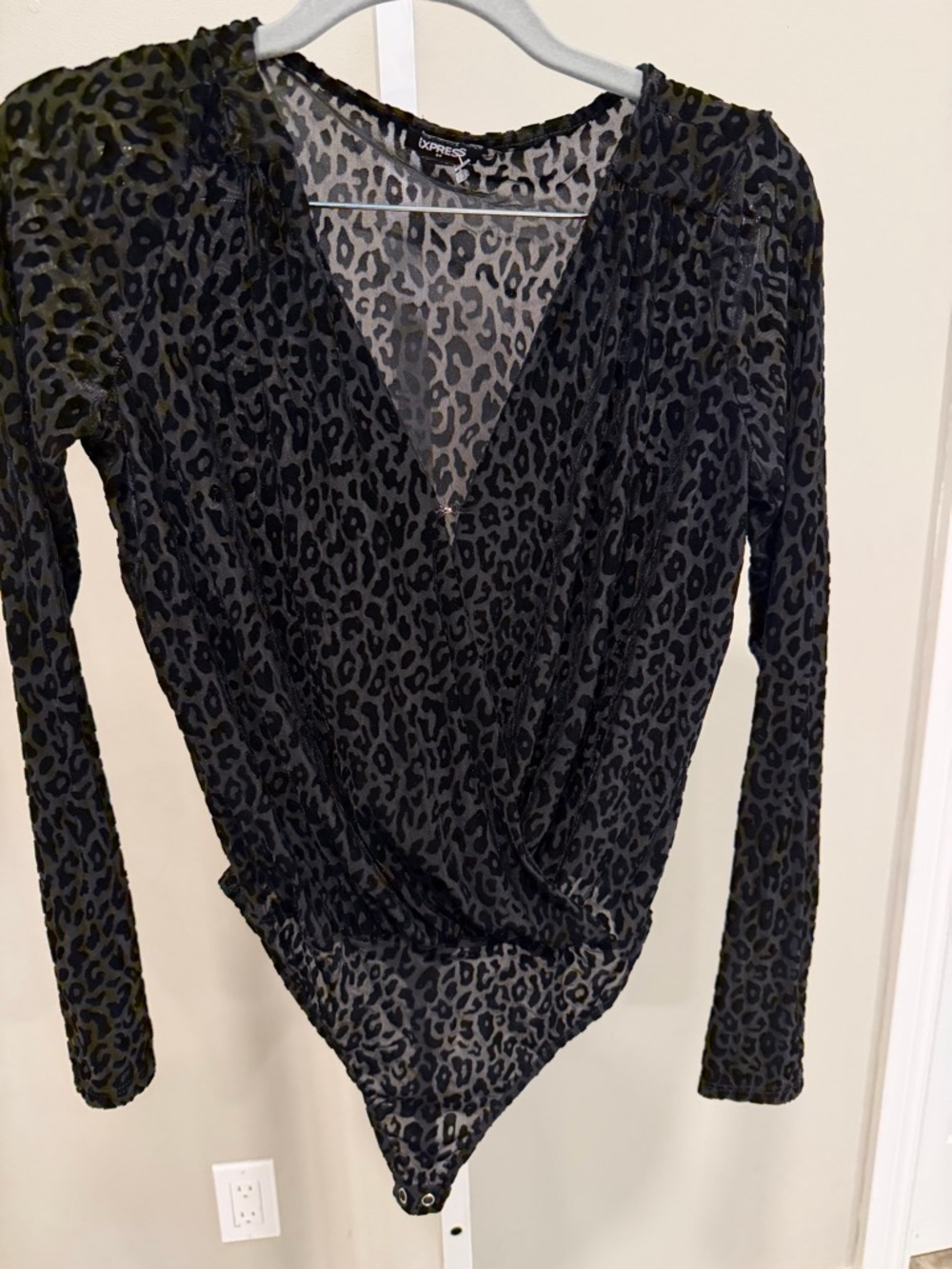 Express Black Leopard-Print Long Sleeve Wrap Bodysuit